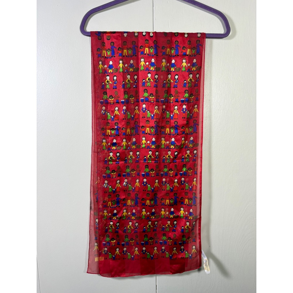 Vintage 1996 Echo Save the Children Families Scarf Red Jennifer Art 13x60